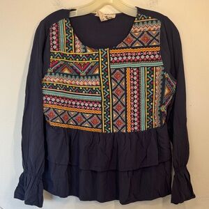 Savanna Jane Embroidered Pattern Navy Long-Sleeve Peasant Top Babydoll Boho Indy